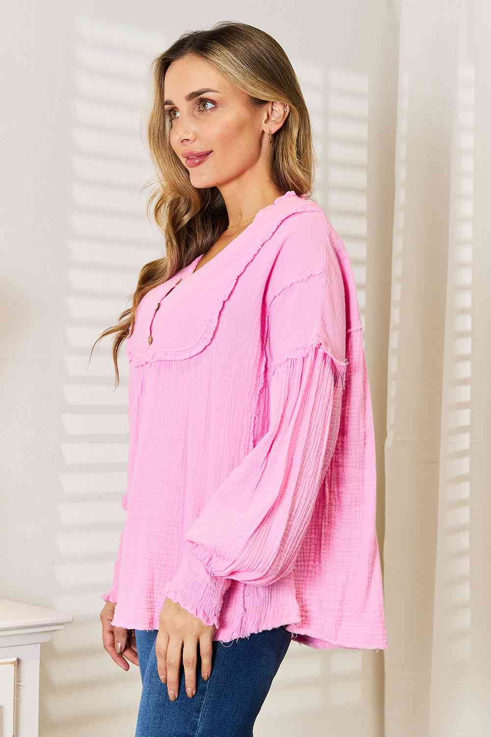 Double Take Exposed Seam Buttoned Notched Neck Blouse - TRENDMELO