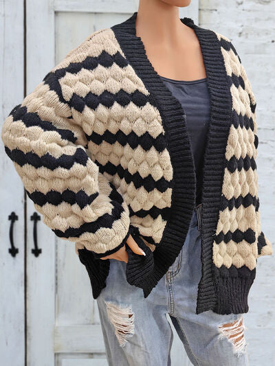 Striped Contrast Open Front Long Sleeve Cardigan - TRENDMELO