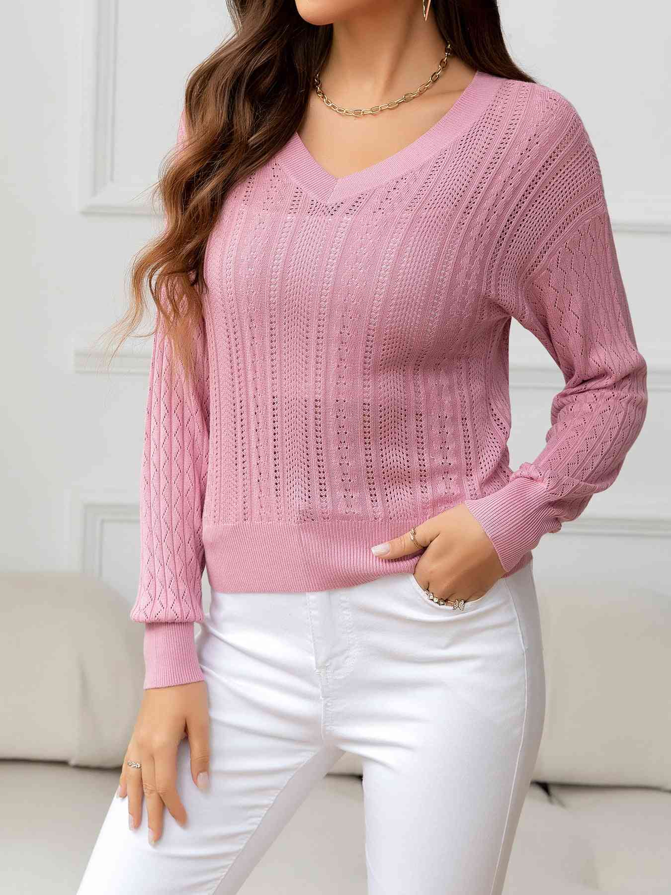 V-Neck Long Sleeve Eyelet Knit Top - TRENDMELO