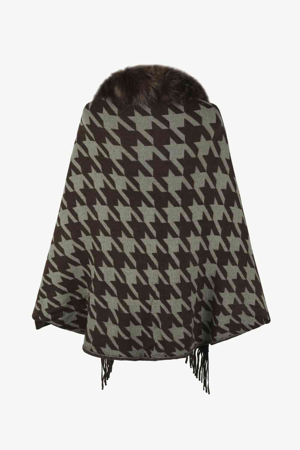 Houndstooth Fringe Hem Poncho - TRENDMELO