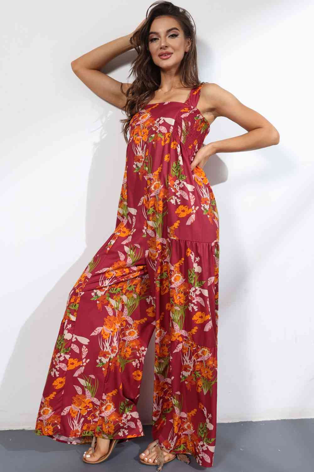 Floral Square Neck Wide Leg Jumpsuit - TRENDMELO