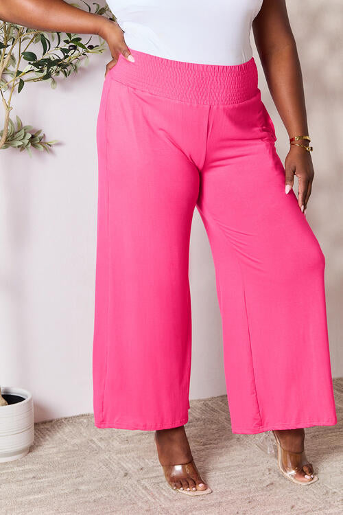 Double Take Full Size Smocked Wide Waistband Wide Leg Pants - TRENDMELO