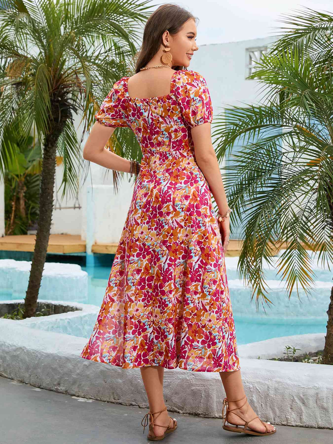 Floral Square Neck Short Sleeve Midi Dress - TRENDMELO