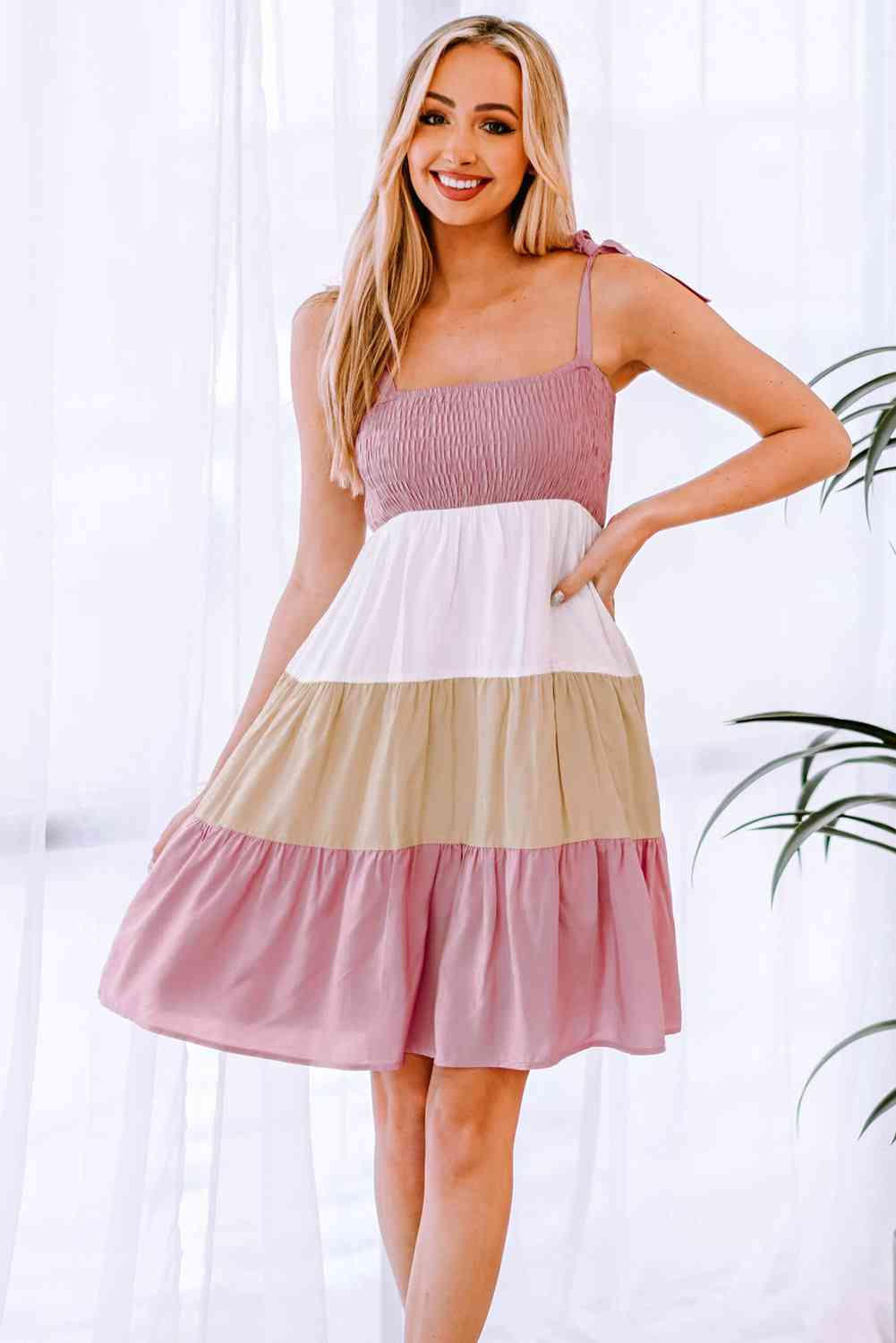 Color Block Tie Shoulder Tiered Dress - TRENDMELO