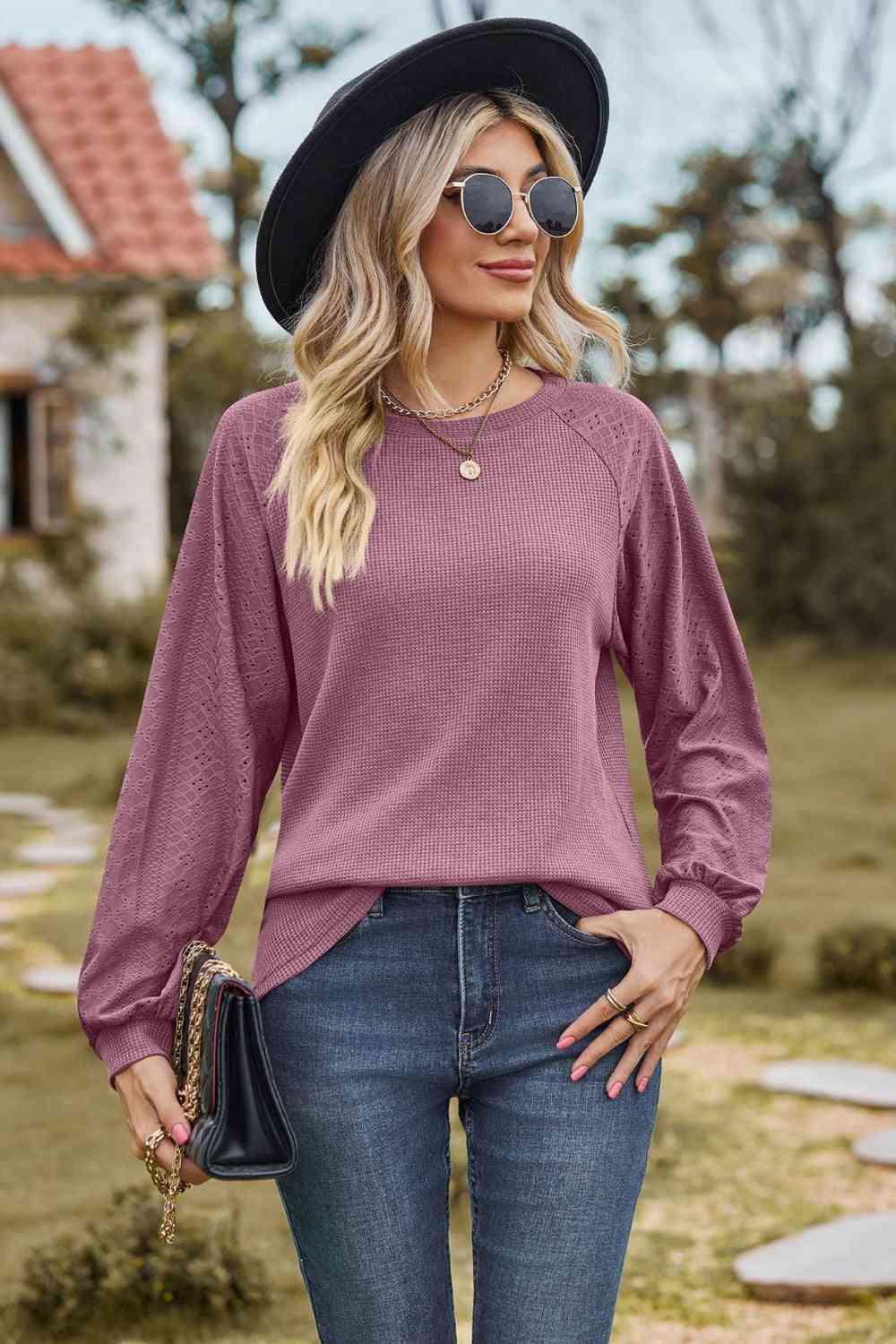 Round Neck Raglan Sleeve Sweatshirt - TRENDMELO