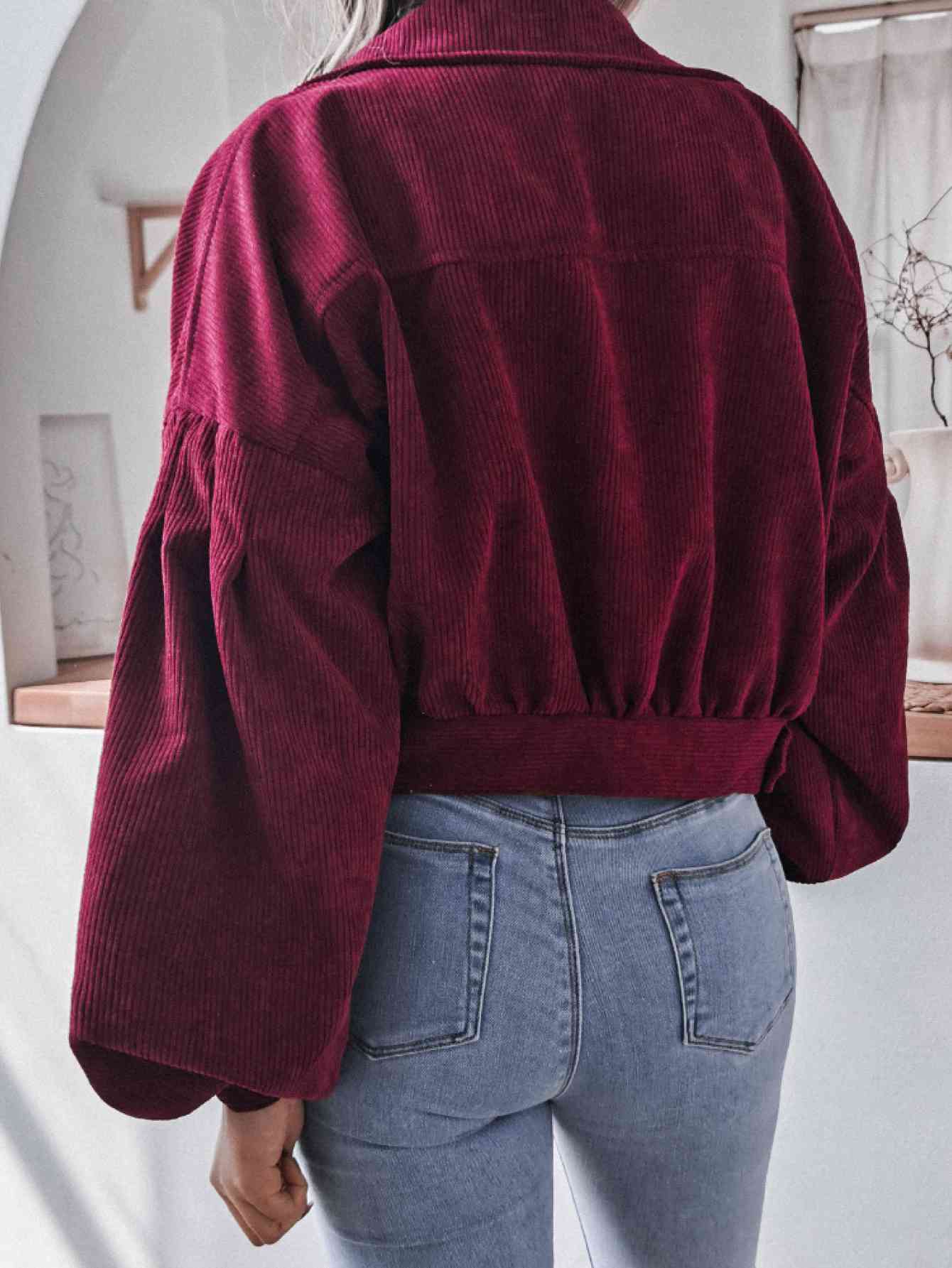 Lantern Sleeve Cropped Corduroy Jacket - TRENDMELO