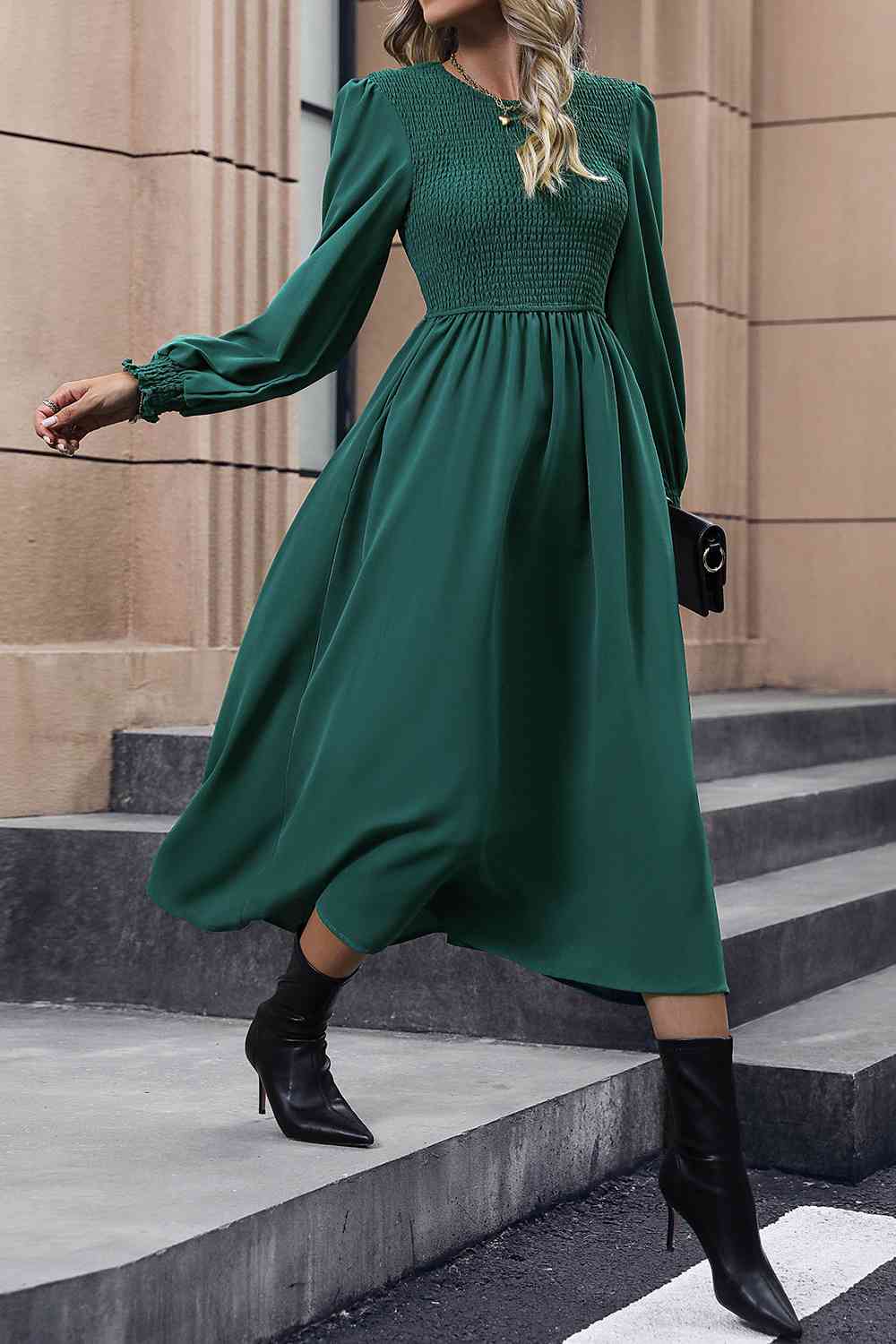 Smocked Long Sleeve Midi Dress - TRENDMELO