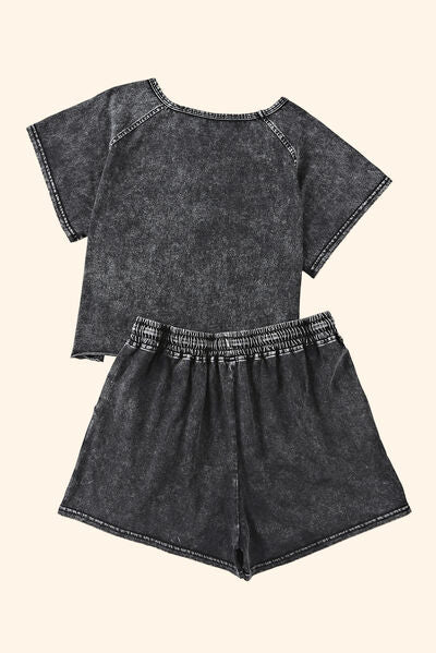 Heathered Round Neck Top and Shorts Lounge Set - TRENDMELO