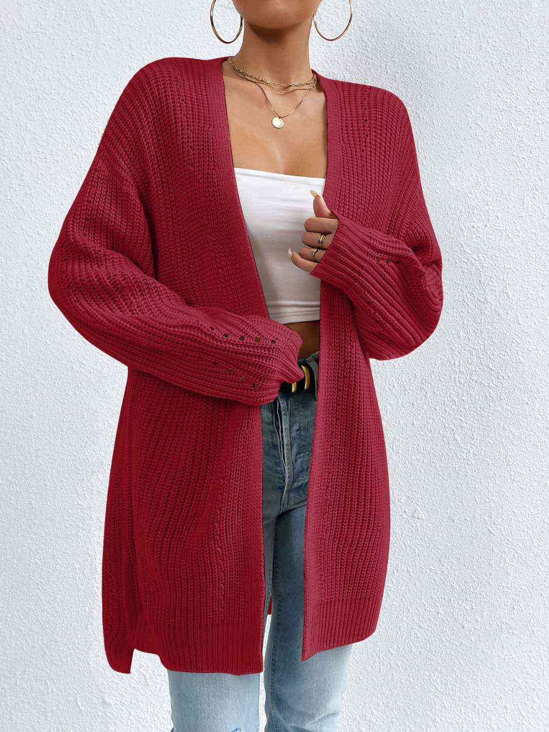 Open Front Dropped Shoulder Slit Cardigan - TRENDMELO