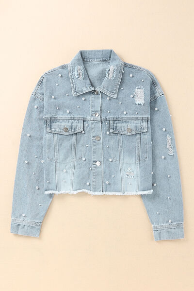 Distressed Pearl Trim Button Up Denim Jacket - TRENDMELO