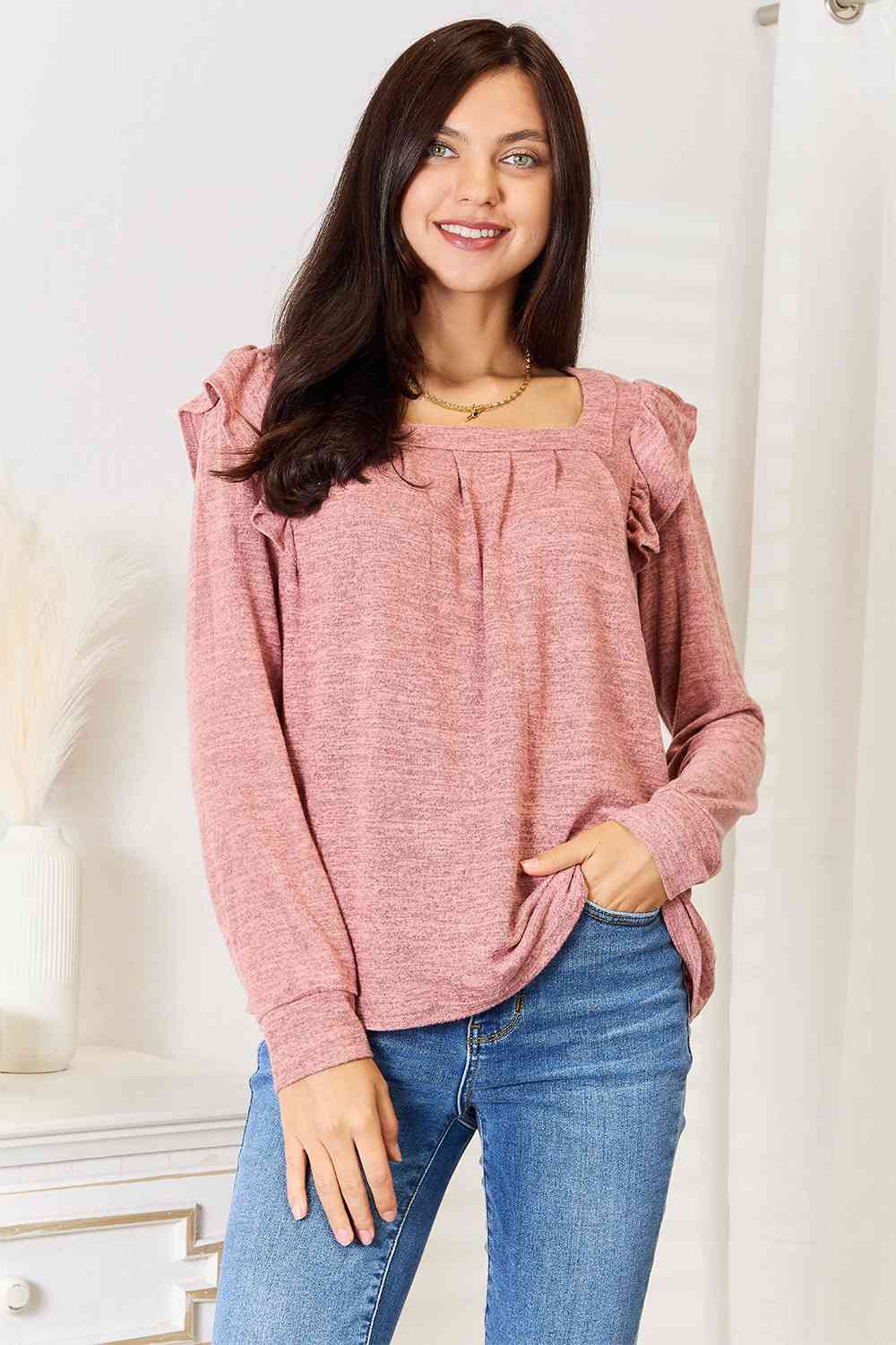 Double Take Square Neck Ruffle Shoulder Long Sleeve T-Shirt - TRENDMELO