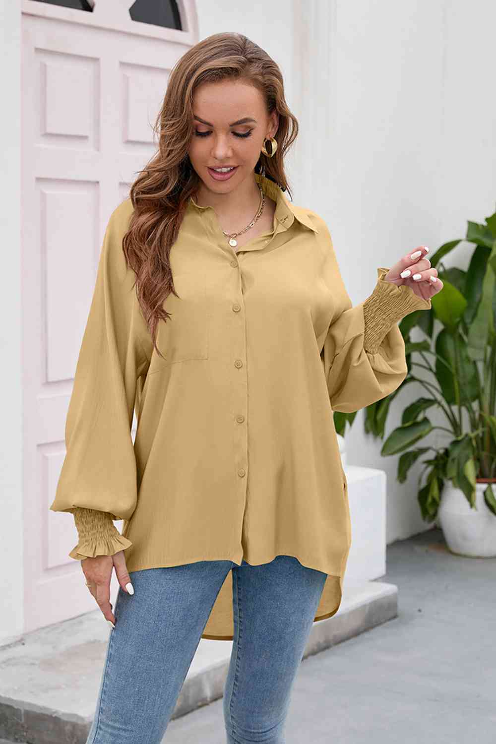 High-Low Collared Neck Lantern Sleeve Shirt - TRENDMELO