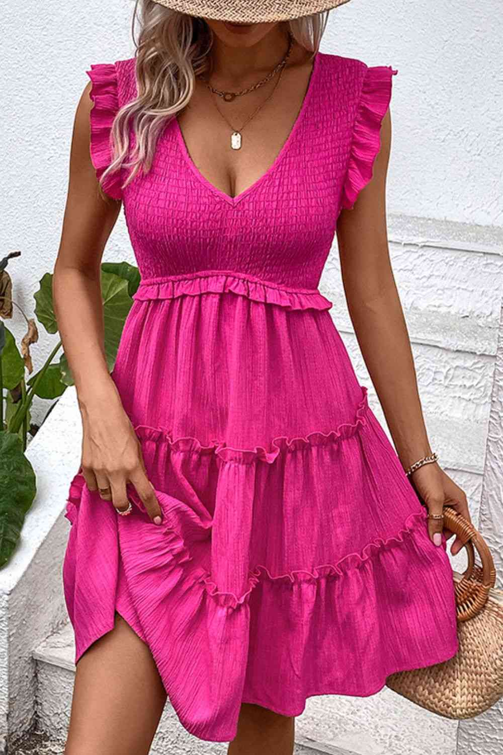 Smocked Frill Trim Deep V Dress - TRENDMELO