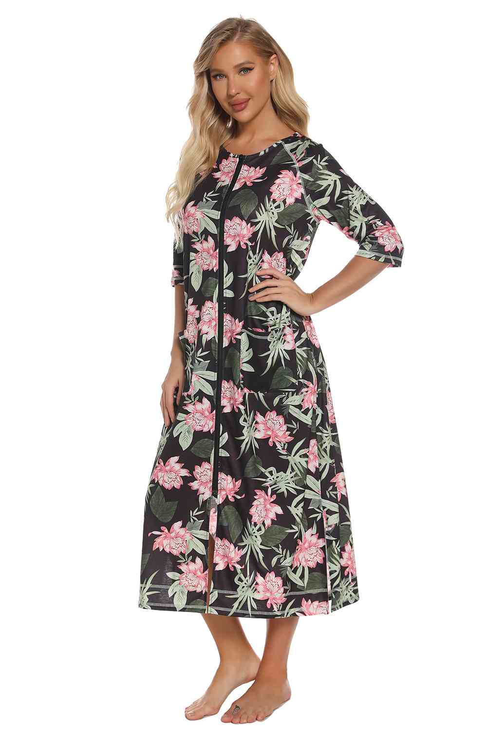 Printed Slit Night Dress with Pockets - TRENDMELO