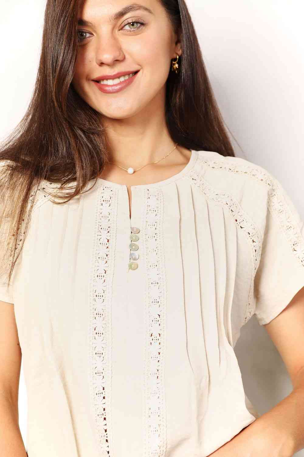 Double Take Crochet Buttoned Short Sleeves Top - TRENDMELO