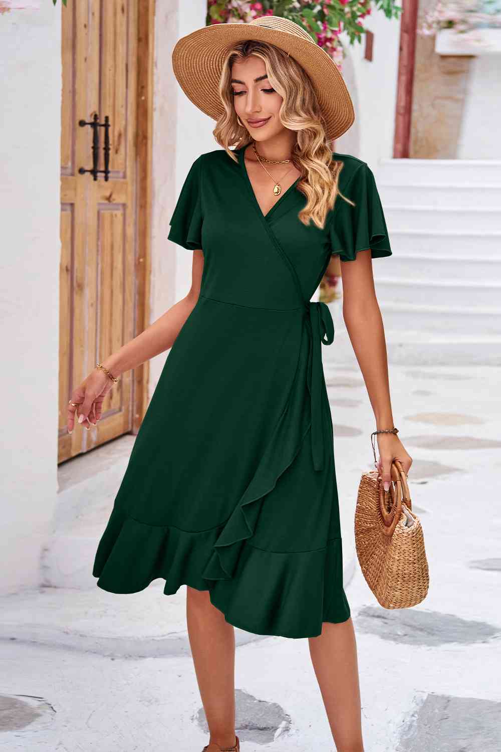 Surplice Neck Flutter Sleeve Dress - TRENDMELO