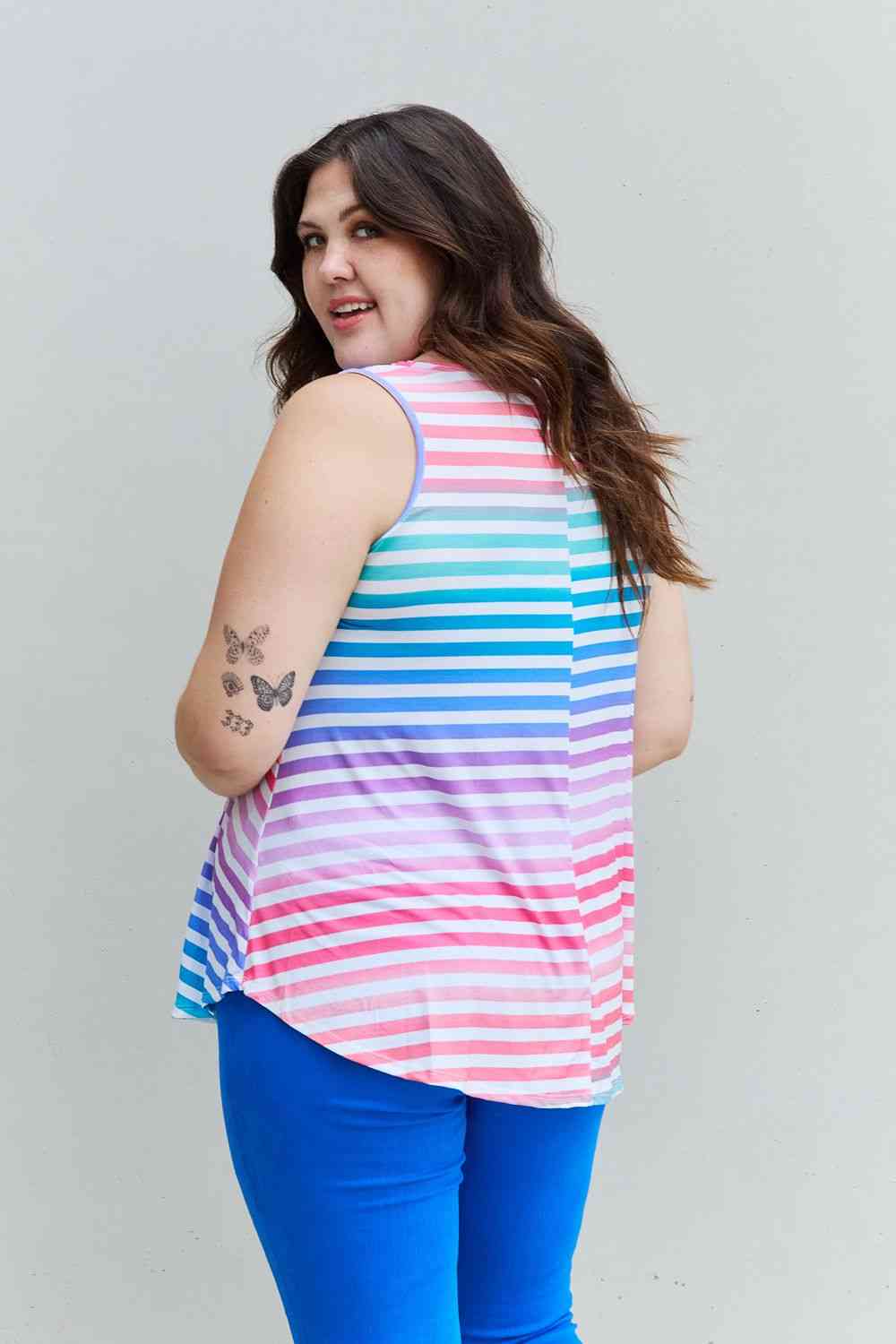 Heimish Love Yourself Full Size Multicolored Striped Sleeveless Round Neck Top - TRENDMELO
