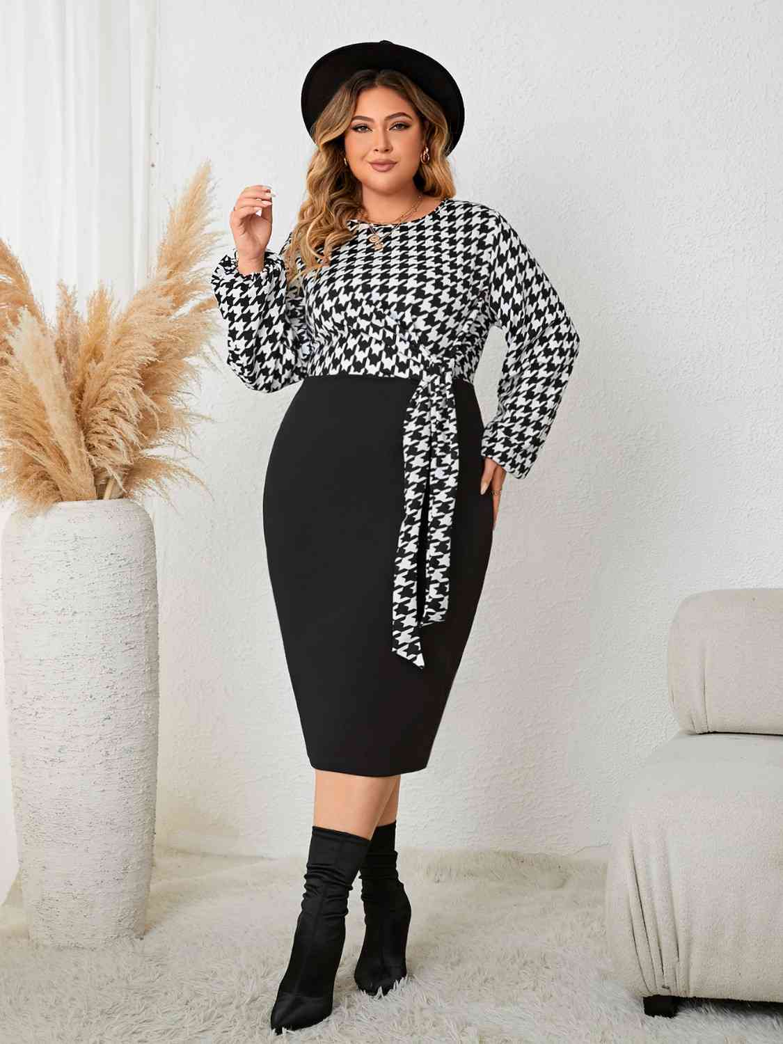 Plus Size Houndstooth Tied Long Sleeve Dress - TRENDMELO