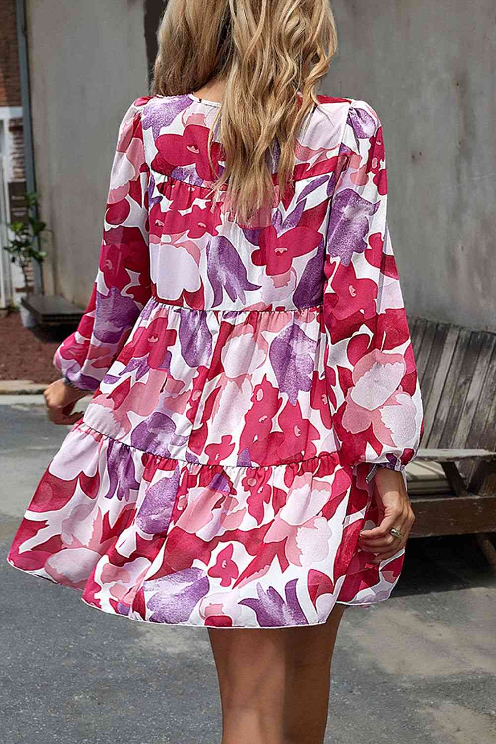 Smocked Floral Print Long Sleeve Mini Dress - TRENDMELO