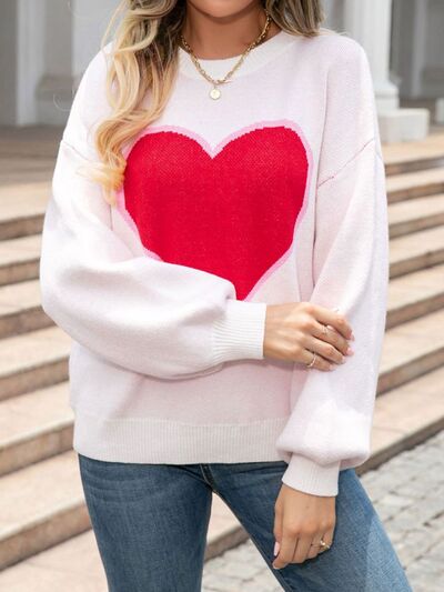 Heart Round Neck Long Sleeve Sweater - TRENDMELO