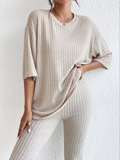 Ribbed Round Neck T-Shirt and Pants Lounge Set - TRENDMELO