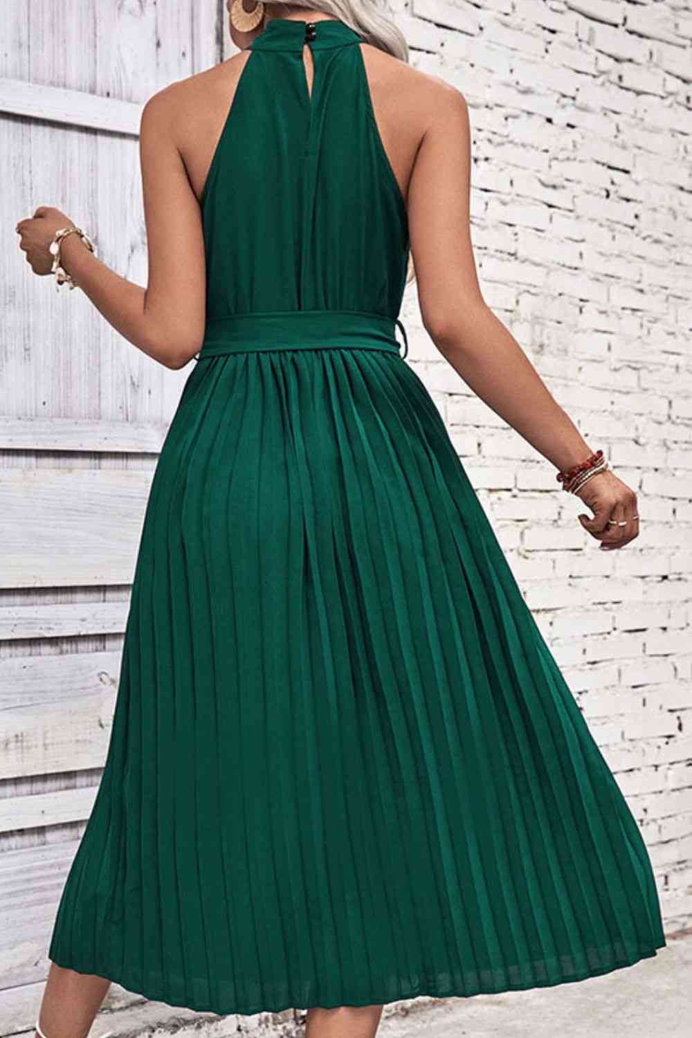 Tie Belt Pleated Midi Dress - TRENDMELO