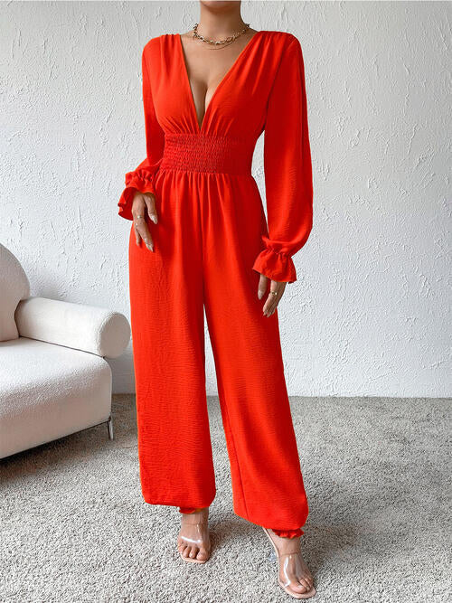 Plunge Smocked Flounce Sleeve Jumpsuit - TRENDMELO