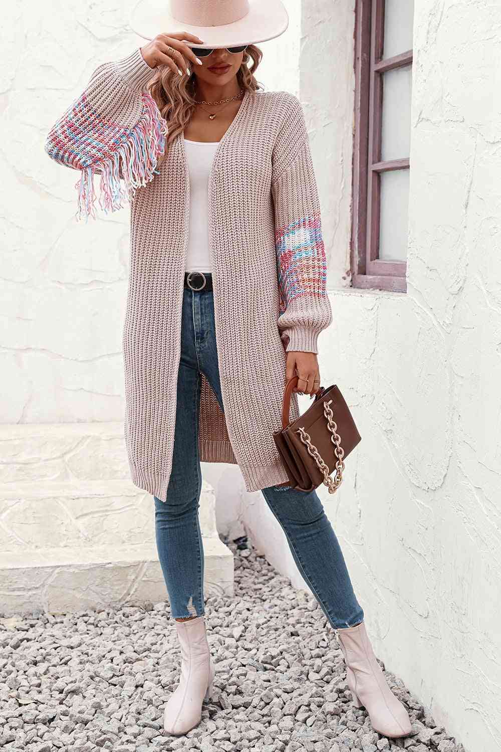 Fringe Sleeve Dropped Shoulder Cardigan - TRENDMELO