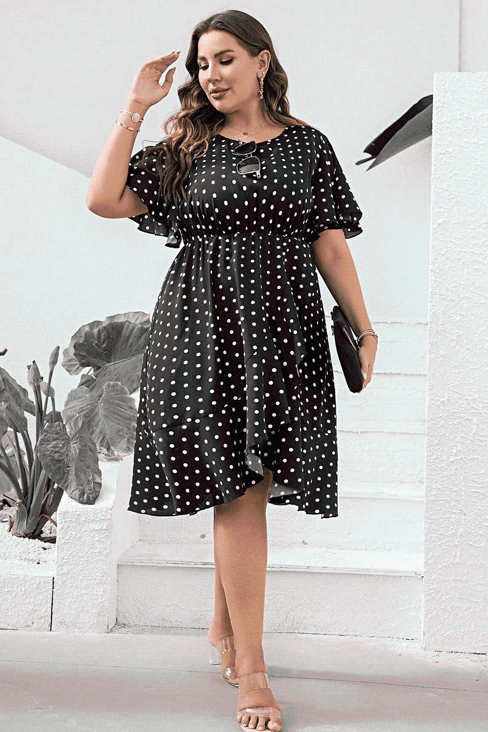 Plus Size Polka Dot Flutter Sleeve Dress - TRENDMELO