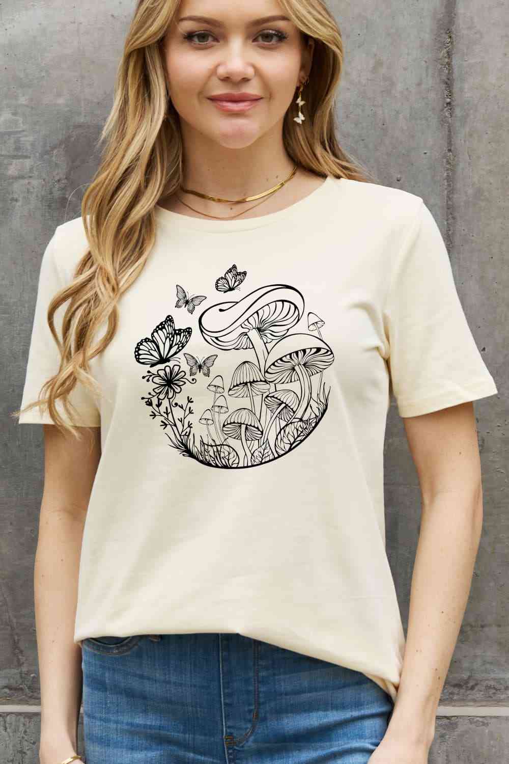 Simply Love Full Size Butterfly & Mushroom Graphic Cotton Tee - TRENDMELO