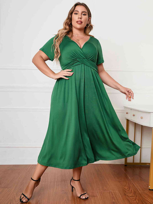 Plus Size Short Sleeve Surplice Neck Midi Dress - TRENDMELO