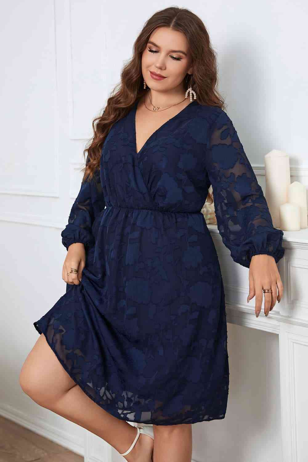 Melo Apparel Plus Size Surplice Neck Balloon Sleeve Dress - TRENDMELO