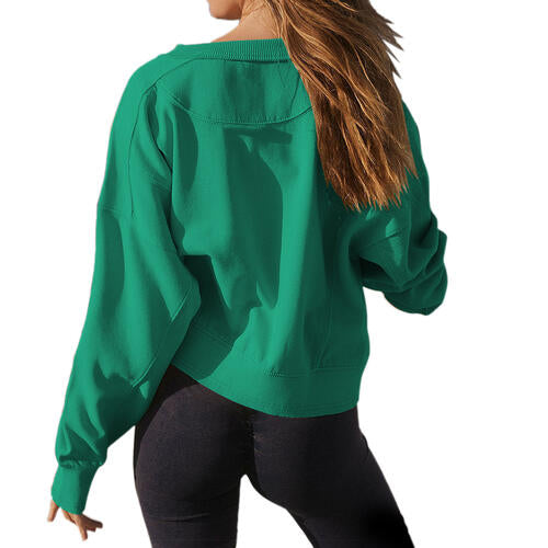 Round Neck Drop Shoulder Long Sleeve Sweatshirt - TRENDMELO