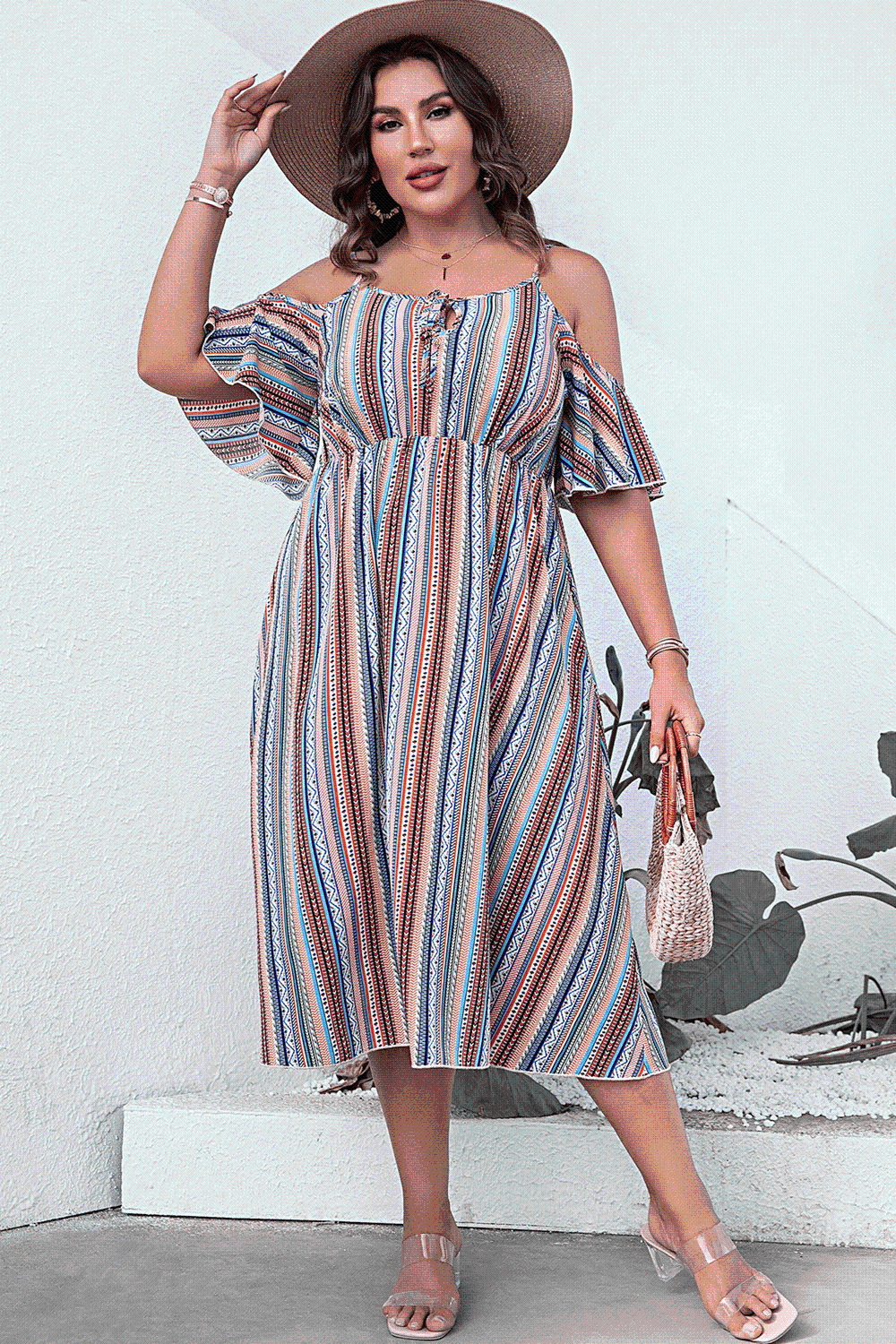 Plus Size Striped Cold-Shoulder Dress - TRENDMELO