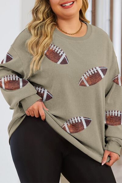 Plus Size Sequin Football Dropped Shoulder Sweatshirt - TRENDMELO