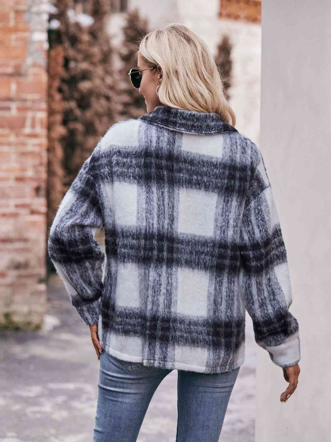 Plaid Dropped Shoulder Collared Jacket - TRENDMELO