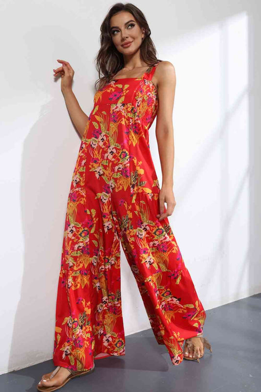 Floral Square Neck Wide Leg Jumpsuit - TRENDMELO