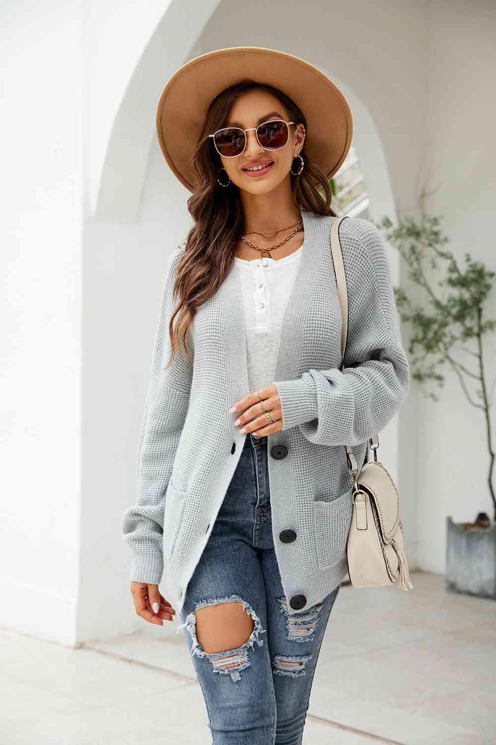 Button Up Drop Shoulder Long Sleeve Cardigan - TRENDMELO