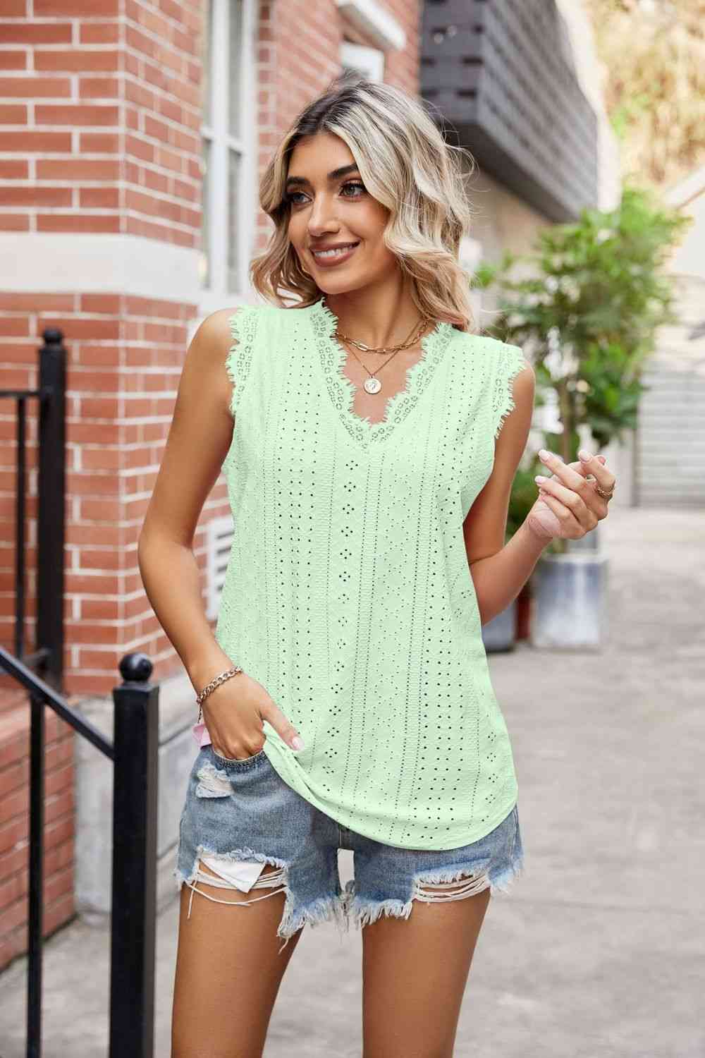 Eyelet Lace Trim Eyelash V-Neck Tank - TRENDMELO