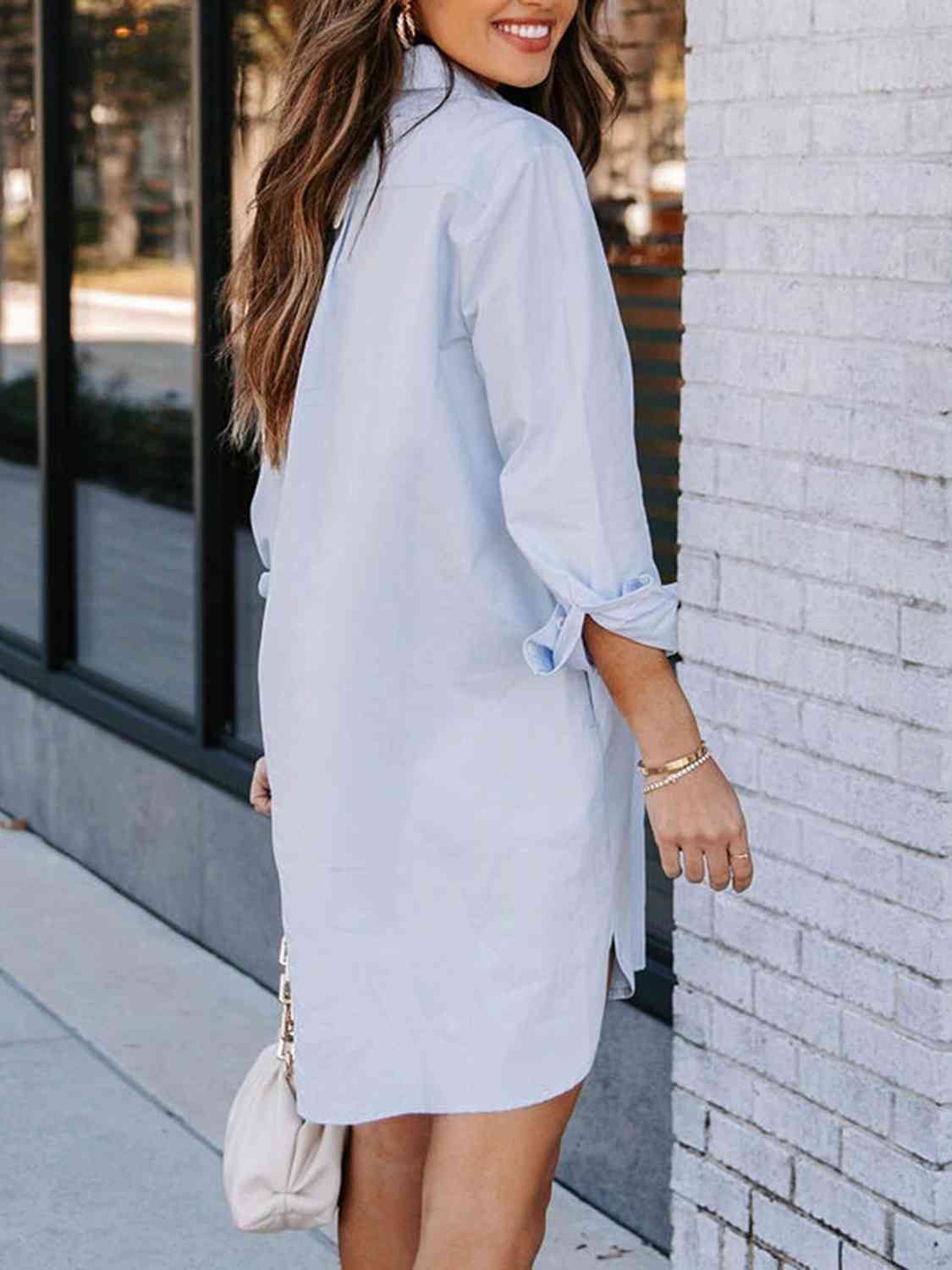 Button Up Collared Neck Long Sleeve Shirt Dress - TRENDMELO