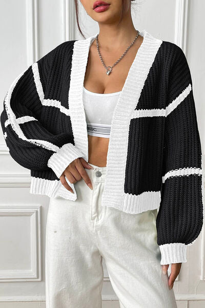 Contrast Open Front Long Sleeve Cardigan - TRENDMELO