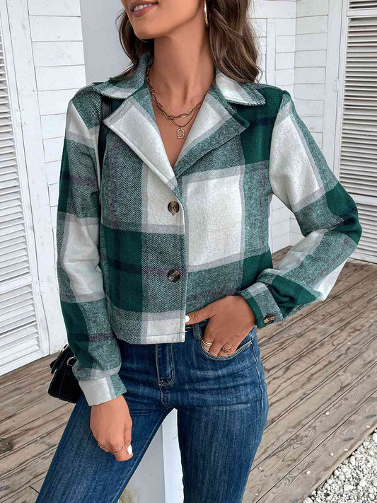 Plaid Collared Neck Button Up Long Sleeve Jacket - TRENDMELO