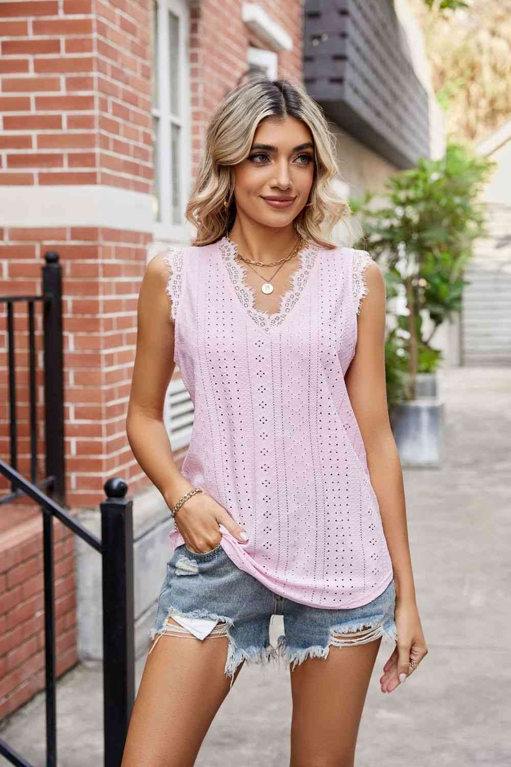 Eyelet Lace Trim Eyelash V-Neck Tank - TRENDMELO