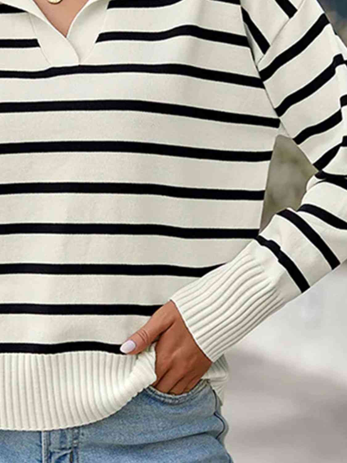 Striped Collared Neck Knit Top - TRENDMELO