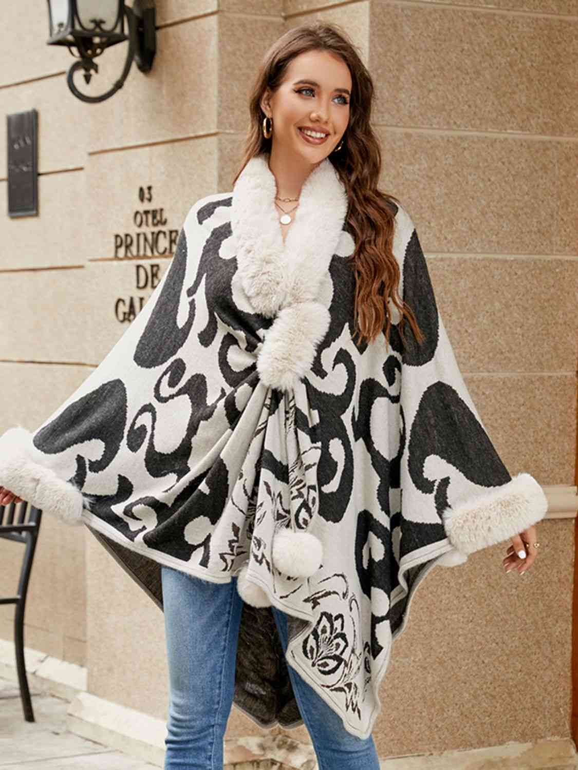 Faux Fur Trim Poncho - TRENDMELO