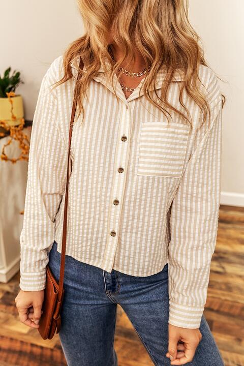 Striped Button-Up Shirt with Breast Pocket - TRENDMELO