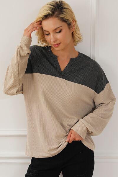 Color Block Notched Long Sleeve Sweatshirt - TRENDMELO