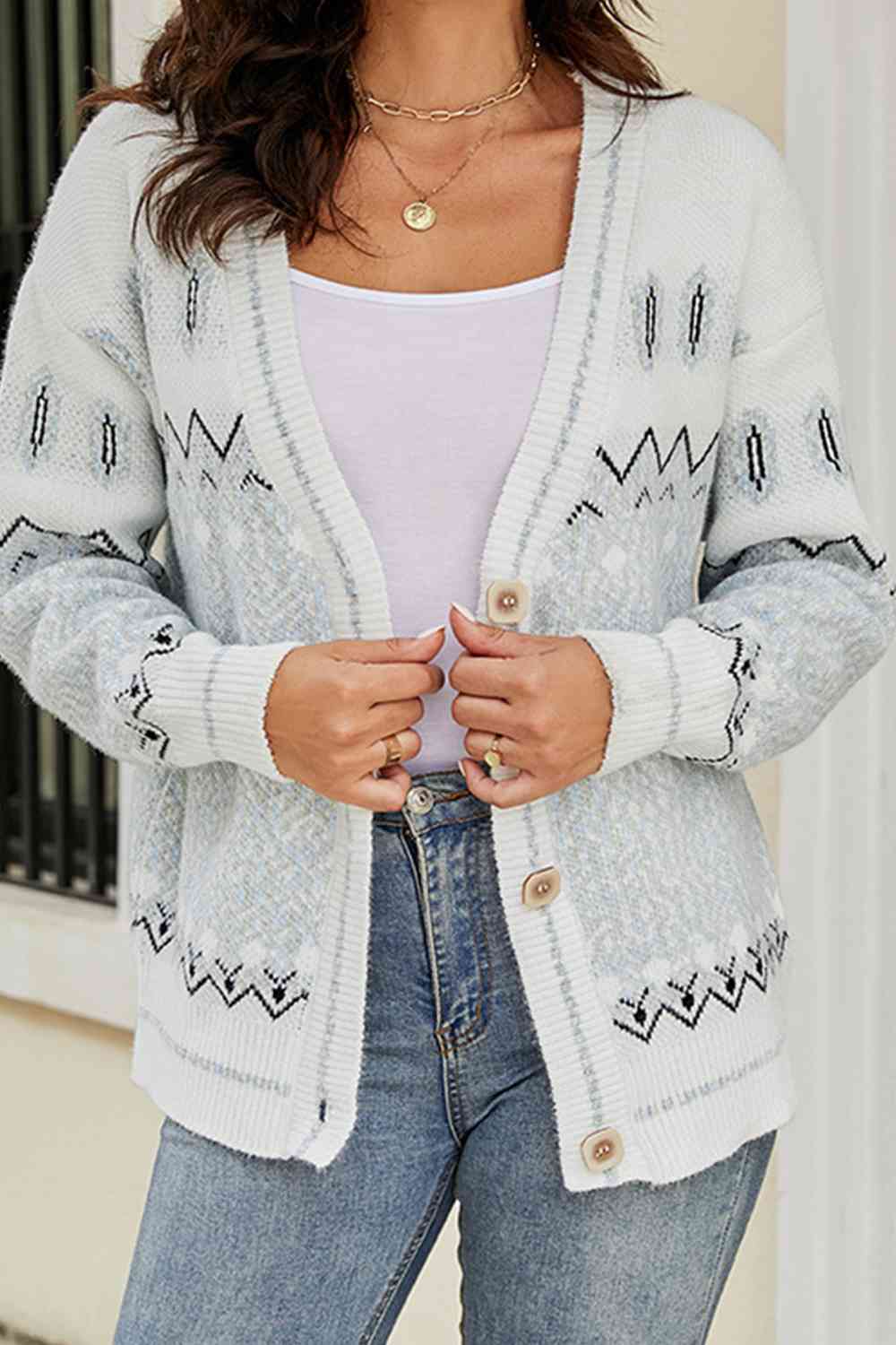 Printed V-Neck Buttoned Cardigan - TRENDMELO