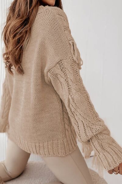 Cable-Knit Fringe Round Neck Sweater - TRENDMELO