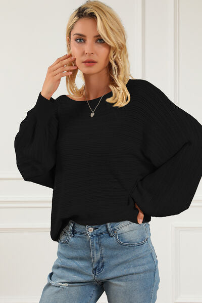 Openwork Boat Neck Lantern Sleeve Sweater - TRENDMELO